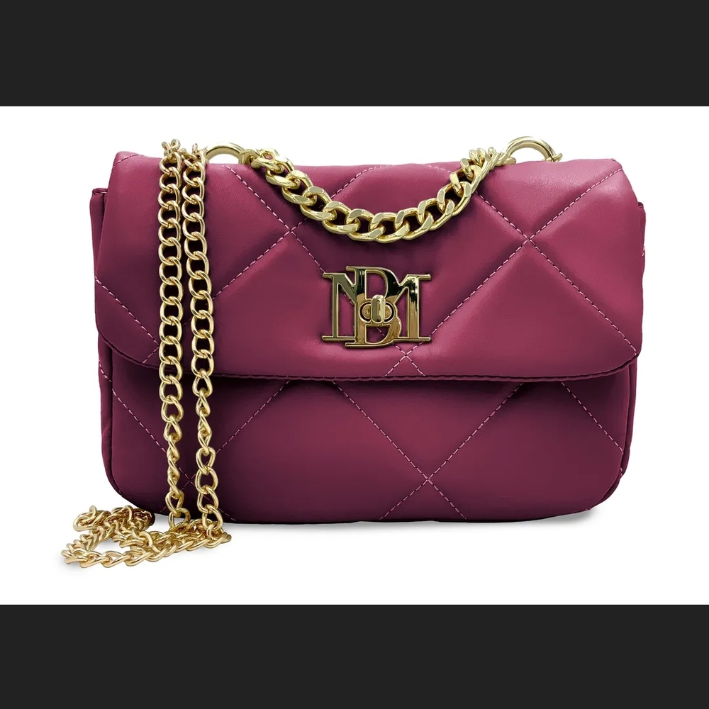 Badgley Mischka Burgundy Quilted Shoulder Bag with Gold Hardware and Chain Strap